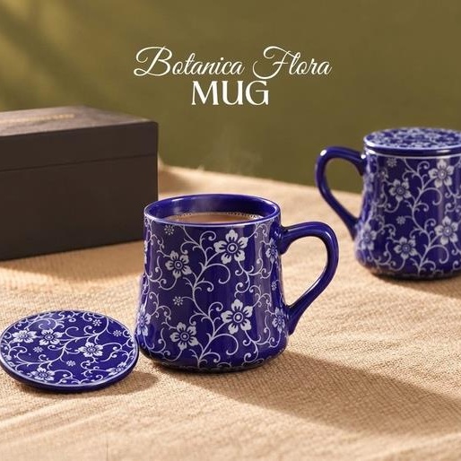 ArielMC Royal Blue Flora Botanica Ceramic Mug with Matching Lid