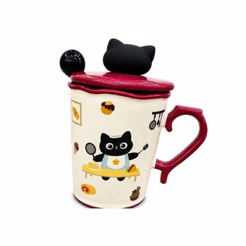 ArielMC Whimsical Cat-Lid Ceramic Barista Mug with Spoon (480 ml)
