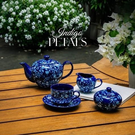 ArielMC Indigo Petals Royal Cobalt Ceramic Tea Set