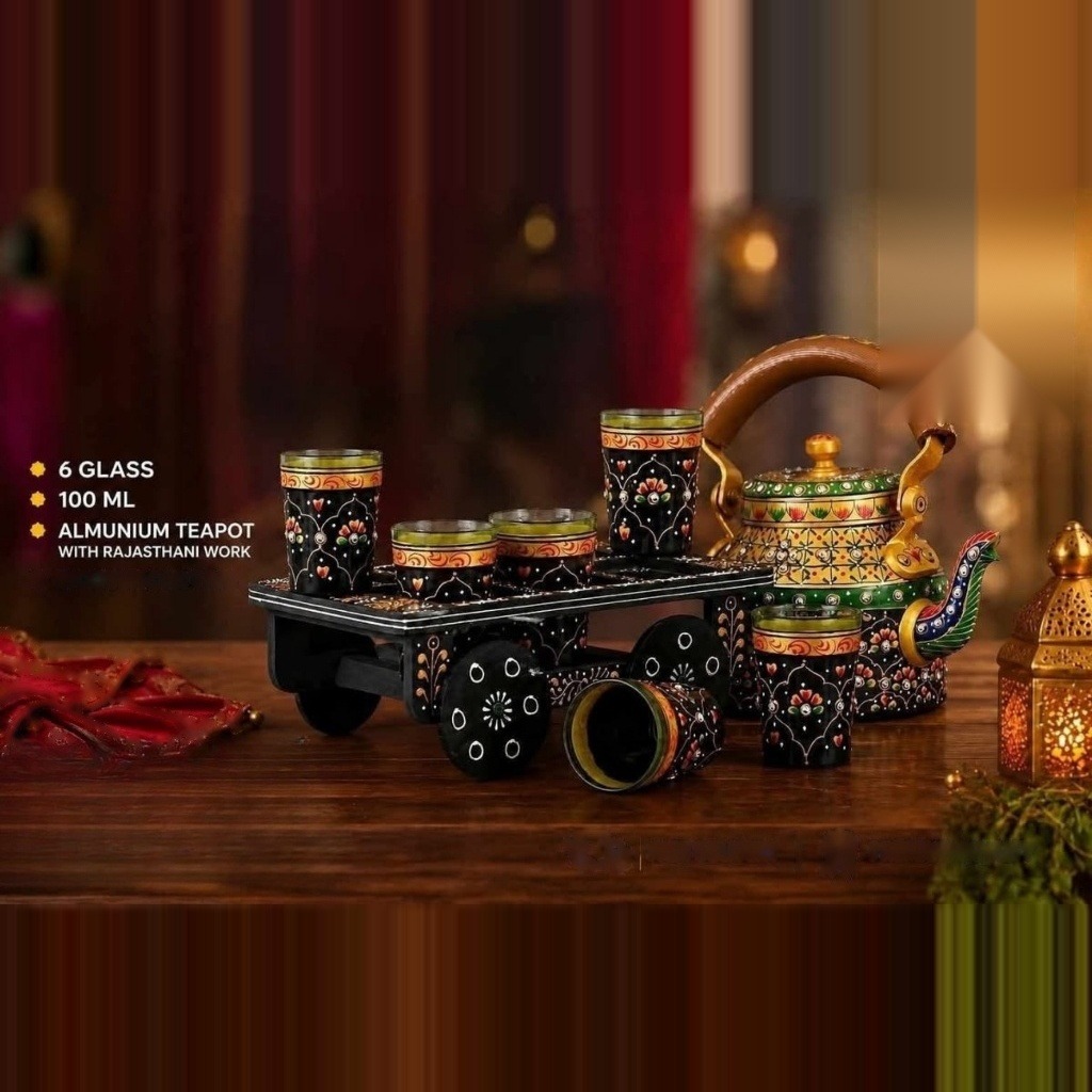 ArielMC Handcrafted Meenakari Teapot Set with Wooden Cart Holder