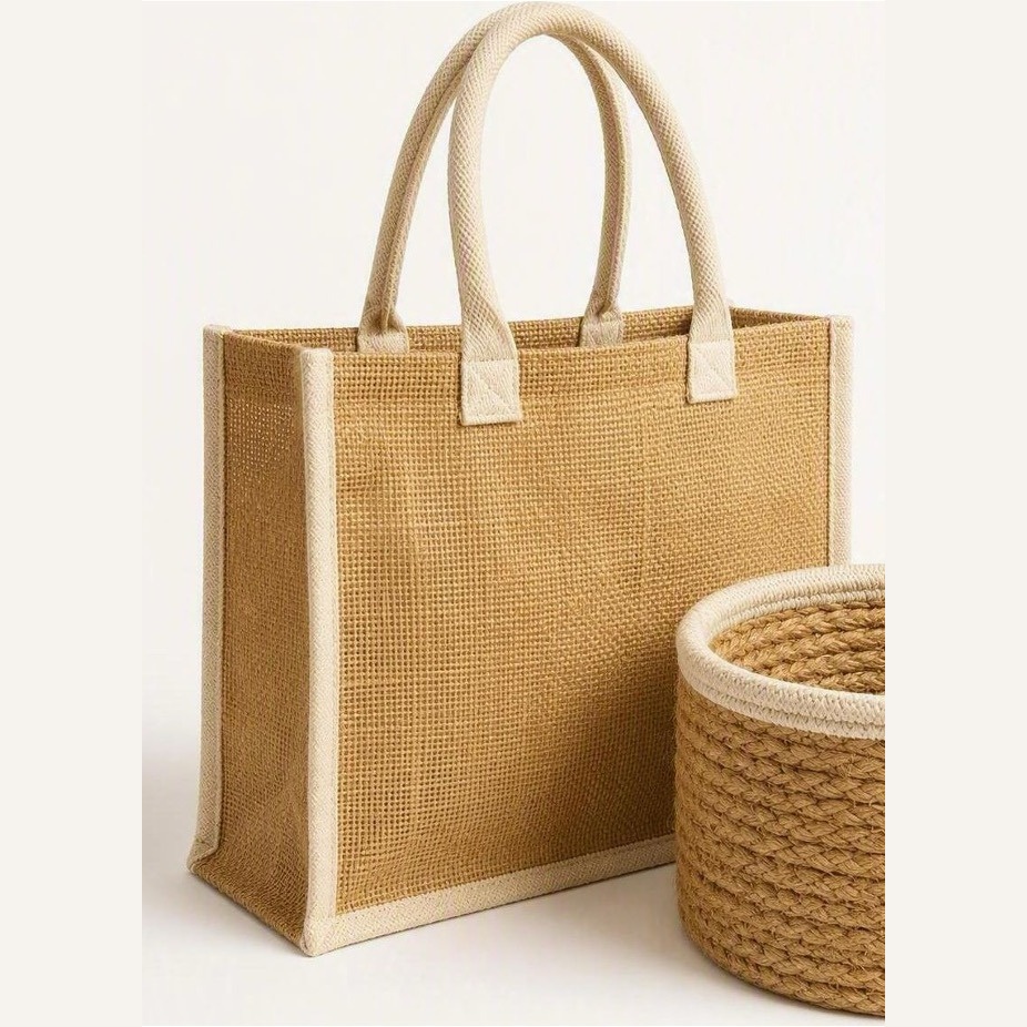 ArielMC Structured Golden Jute Shopper Tote with Contrast Cotton Binding