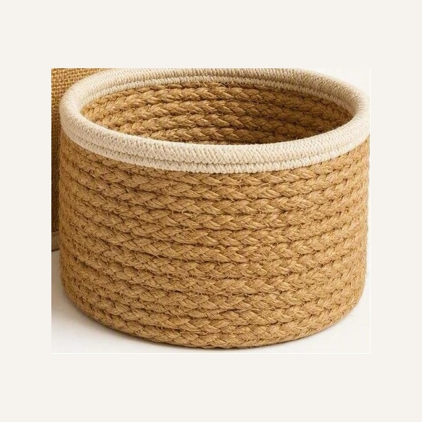 ArielMC Braided Golden Jute Storage Basket with Cotton Rim Binding