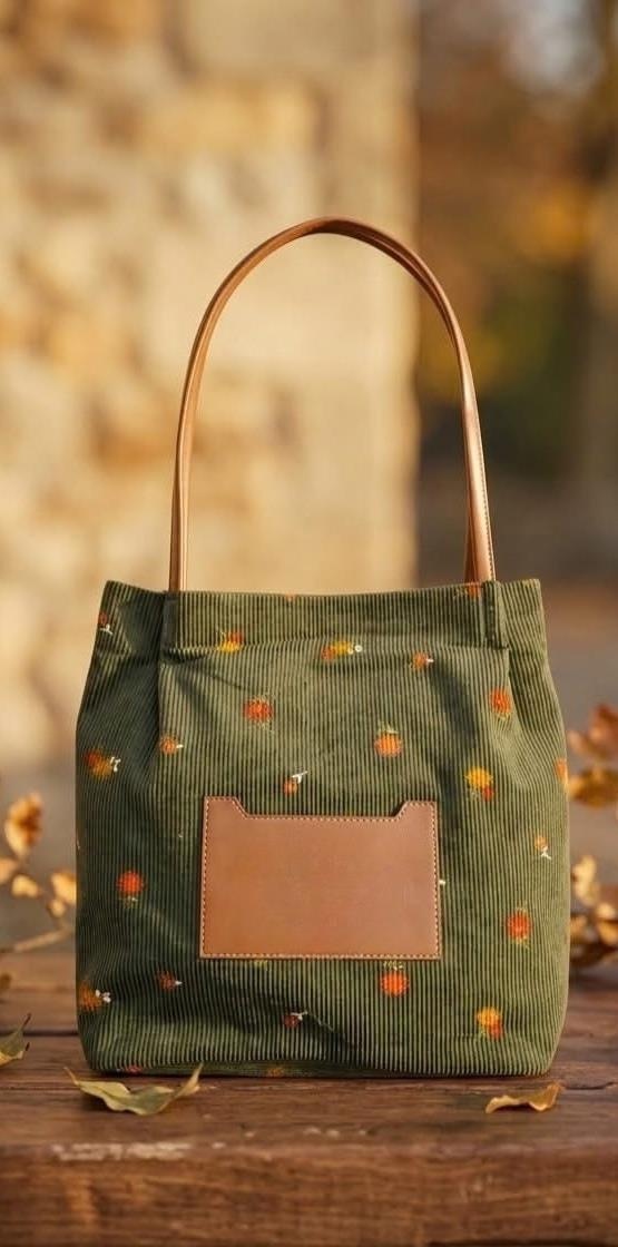 ArielMC Olive-Green Corduroy Embroidered Tote with Leather Trim